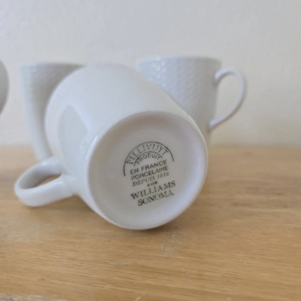 Williams Sonoma Pillivuyt Perle White Porcelain 4 Cups & 4 Saucers Small Plates